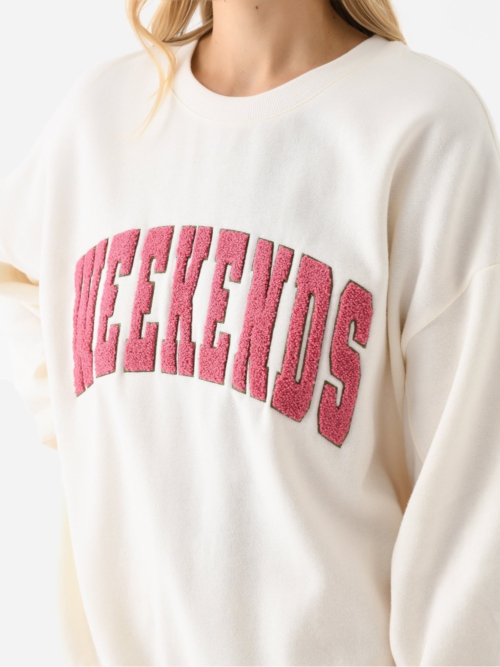 Z Supply Cream Crewneck Sweatshirt with Pink Chenille "WEEKENDS"